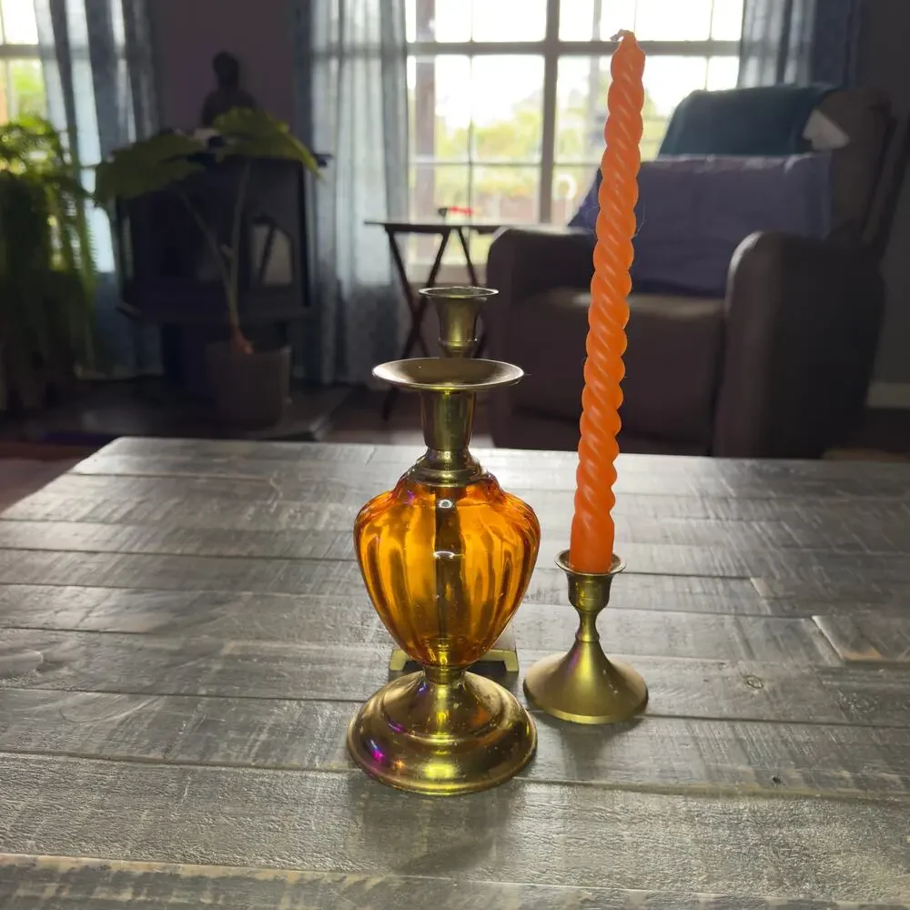 Vintage Amber Glass Candlestick Antiqued Gold Hollywood‎ Regency Decor